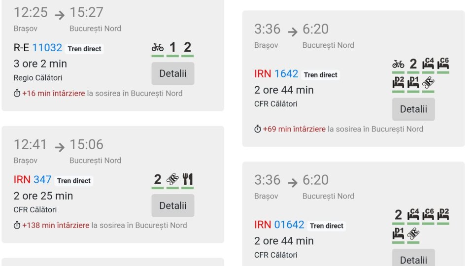 Întârzieri de peste 100 de minute pentru trenurile CFR de la Brașov spre sau dinspre București